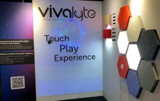 Vivalyte Blue Label Acoustics Petfelt acoustic lighting walls and interactive lightwall led on architect@work Belgium 2021